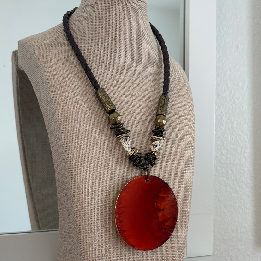 Chico's Rustic Orange Pendant Necklace Brown leather cord